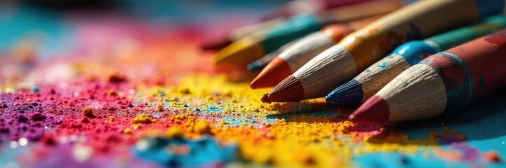 Fototapeta premium Vibrant Paint Tubes and Palette Overflowing with Mixed Colors, Ready for Artistic Creation. A Close-Up Image Evoking Creativity, Joy, and the Passion of Painting.