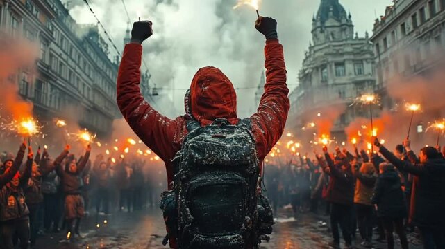 A large group of people, many with sparklers in hand, protesting in a city street