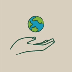 Hand holding Earth — minimal vector icon for ecology and care