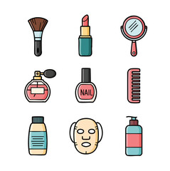 Flat Design Beauty Cosmetic Item Element for Makeup and Skincare Icon Set