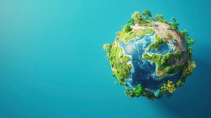 Miniature Earth model showing land, water, trees, and vehicles on a blue background.