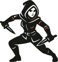 Vector Female Assassin with Dual Daggers in Stealth Pose – Flat Design for Logo or Sticker