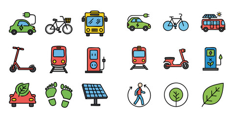 Colorful Flat Outline Set of Eco Friendly Transport Icons Collection