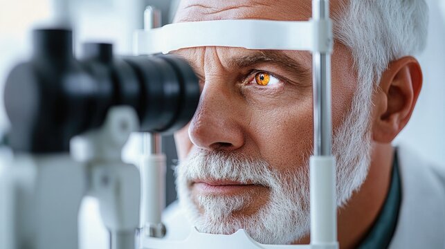 Senior man undergoes a comprehensive eye examination using advanced ophthalmic equipment, ensuring optimal vision health and early detection of potential age-related eye conditions at an eye clinic.