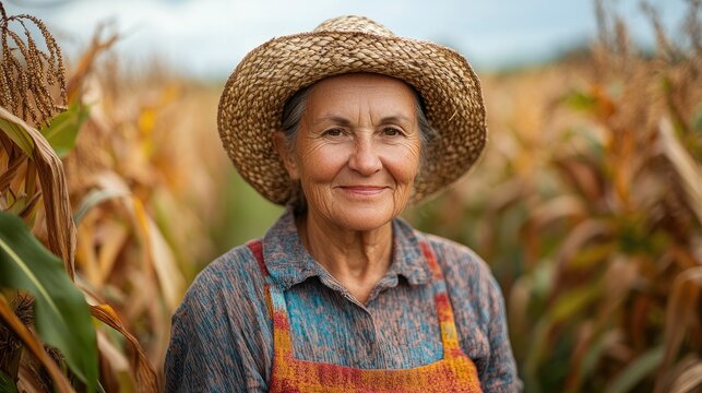 Smiling senior farmer wearing a straw hat stands in her cornfield, representing a harvest of agricultural success, rural community, and the enduring spirit of farming tradition. - Powered by Adobe