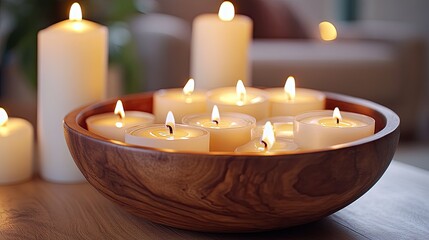 Elegant candles flicker softly in a wooden bowl, creating a serene ambiance perfect for relaxation, meditation, home decor, and wellness promoting a tranquil atmosphere.