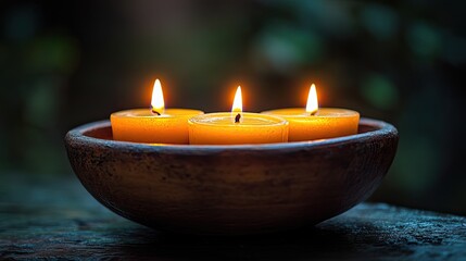 Three lit candles glow softly in a rustic wooden bowl, casting a warm and inviting ambiance for spa treatments, meditation practices, or serene relaxation in a tranquil setting.