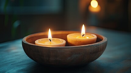 Warm candles illuminate a wooden bowl, creating a tranquil and cozy atmosphere perfect for relaxation and mindful meditation practices.