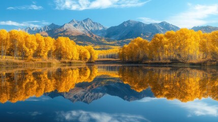 Crystal Lake reflects golden aspen trees and majestic mountains under a clear blue sky creating a breathtaking autumn landscape, showcasing the season's vibrant colors and serene beauty