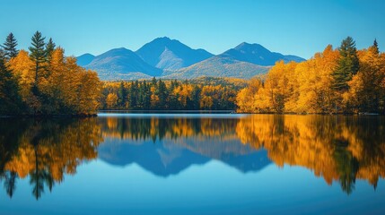 Crisp mountain landscape featuring autumn foliage reflected beautifully in the tranquil lake waters with clear blue skies creating a scenic panorama of nature's artistry