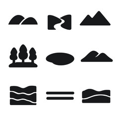 Abstract Landscape Icons. Solid, filled icon set of landscape abstract design: hill shapes, valley line, river bend, mountain