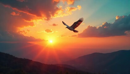 Lone Bird in Majestic Sunset Flight Soaring Above Vast Landscape, Symbolising Freedom and Untethered Exhilaration