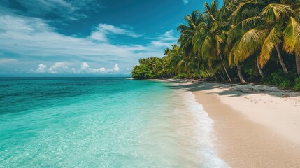 Tropical paradise beach with turquoise waters and swaying palms offers a serene vacation escape with fine white sand and beautiful blue sky above the exotic scenery.