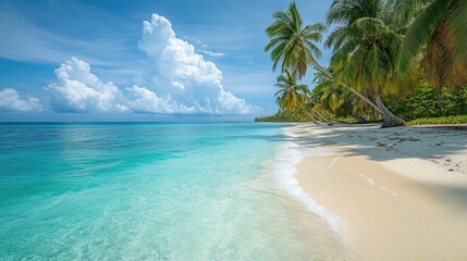 Serene Beach with Turquoise Water and Palm Trees --ar 16:9 --style raw --stylize 250 --v 6.1 Job ID: 624500e5-cf1f-4ea0-970e-7bf3724ac33a