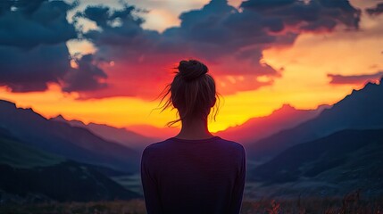 A serene woman gazes at a vibrant sunset over majestic mountains, evoking a sense of tranquility, adventure, and the beauty of nature in an expansive landscape setting.