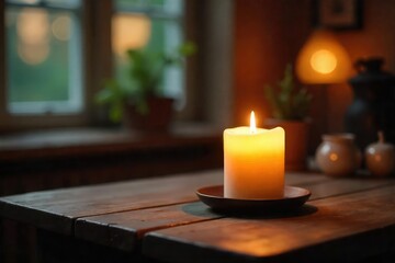 Warm Candlelight Glow on Rustic Wooden Table Home Decor, Relaxation, and Hygge Aesthetic Imagery