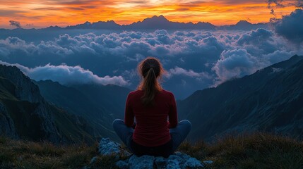 Serene mountain escape at sunset finds a woman meditating above a sea of clouds, breathing in the peaceful vista with high peaks and a colorful sky for a mindful journey.