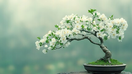 A blossoming bonsai tree showcases delicate white flowers and lush green leaves against a serene, soft-focus backdrop, embodying peace, balance, and the art of miniaturization.
