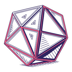 Illustration of a geometric icosahedron shape with pink edges and triangular patterns inside it