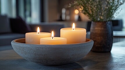 Tranquil ambiance with three elegant candles glowing warmly in a stone bowl, creating a soothing and peaceful atmosphere with gentle candlelight in a cozy home setting.