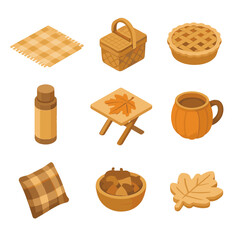 Autumn Picnic Icons. Isometric Flat icon set of autumn picnic scene: checkered blanket, picnic basket, apple pie, thermos, pumpkin