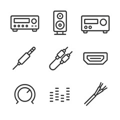 AV Receiver Icon Set. Outline icon set of AV Receiver and Audio Setup: AV receiver, speaker, stereo amplifier, audio jack, RCA