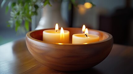 Four lit candles glow serenely in a wooden bowl, creating a warm and inviting ambiance on a table, perfect for relaxation or creating a cozy atmosphere in any space.