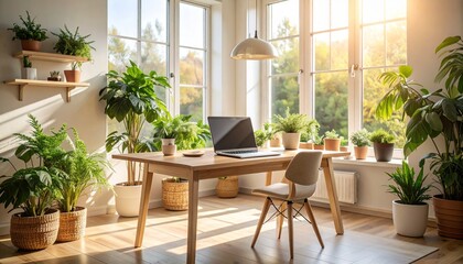 Obraz premium Modern remote workspace with laptop on minimalist wooden desk, surrounded by indoor plants, natural light from large window, cozy atmosphere, pastel tones, Scandinavian interior