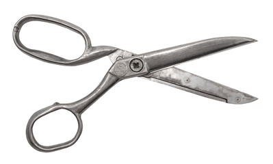 Stationery scissors on a white background for office work. Tailor's or seamstress's scissors