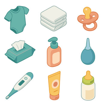 Baby Essentials Icons. Isometric Flat icon set of baby care essentials: baby onesie, diaper stack, pacifier, baby wipes pack, baby
