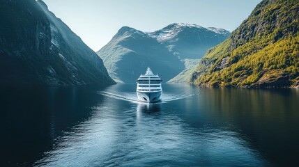 Majestic cruise ship navigates through calm waters in the scenic fjords of Norway, surrounded by lush green mountains and a clear blue sky, showcasing breathtaking travel destinations.