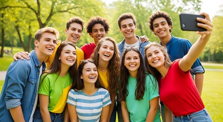 A group of smiling teenagers pose for a selfie outdoors in a park, enjoying time together.