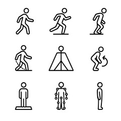 Fototapeta premium Biomechanics Icon Set. Outline icon set of biomechanics and CG: walking gait cycle, running stride, jump landing, center of mass