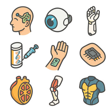 Bio-Engineered Implants Icons. Isometric Flat icon set of bio-engineered implants: neural interface implant, bionic eye,