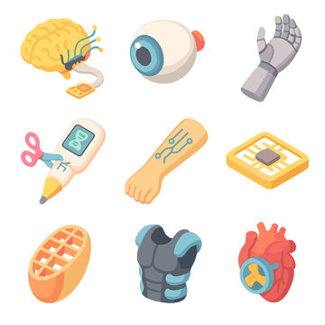 Bio-Engineered Implants Icons. Isometric Flat icon set of bio-engineered implants: neural interface implant, bionic eye,