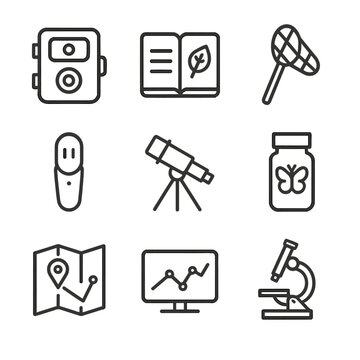 Biodiversity Monitoring Icons. Outline icon set of biodiversity monitoring: camera trap, field notebook, butterfly net, acoustic