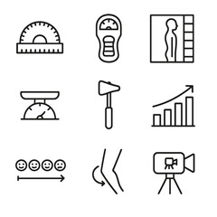 Assessment Tools Icon Set. Outline icon set of assessment tools: goniometer, dynamometer, posture chart, balance scale, reflex