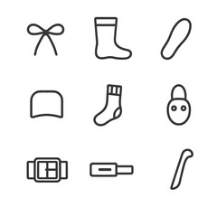 Fototapeta premium Boot Accessories Icons. Outline icon set of boot accessories: boot laces, boot liner, insole, heel protector, boot sock, lace lock