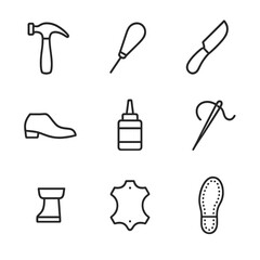 Boot Repair Tools Icons. Outline icon set of boot repair tools: cobbler hammer, stitching awl, shoemaker’s knife, shoe last, sole