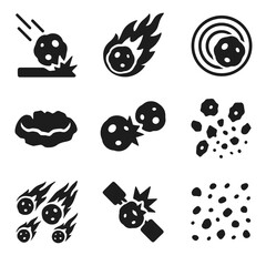 Asteroid Collision Icons. Solid, filled icon set of asteroid collision events: asteroid impact, fireball, shockwave, impact crater