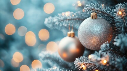 Festive holiday spirit shines with silver and gold Christmas ornaments adorning a frosted pine branch, creating a warm and inviting ambiance with sparkling bokeh lights.