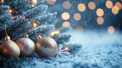 Frosted pine boughs adorned with sparkling golden ornaments capture the magic of a winter holiday scene with festive bokeh lights and a dusting of fresh snow, evoking Christmas spirit.
