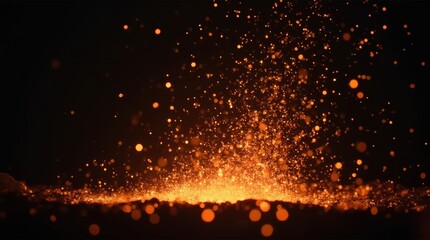 Fire sparks floating in dark air, glowing orange and yellow particles, dramatic night background, concept of energy and motion.