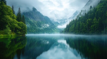 Tranquil lake surrounded by lush green forests and majestic mountains shrouded in mist, capturing the serene beauty and peaceful atmosphere of nature