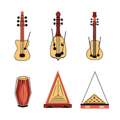Flat Style Detailed Stringed and Percussion Musical Instrument Illustration Set