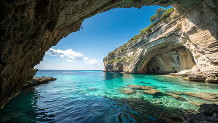 Fototapeta premium Ocean Cave Entrance with Water and Blue Sky