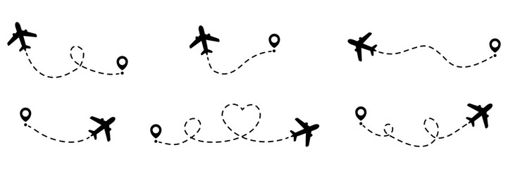 Airplanes routes with dotted line collection. Flying planes path with start point. Travel concept. Vector illustration isolated on white.