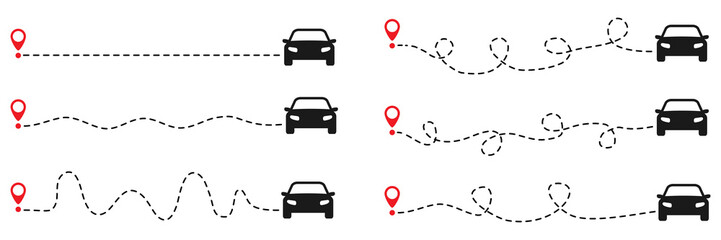 Car with dotted path and red location pin set. Travel concept. Vector illustration isolated on white.	
