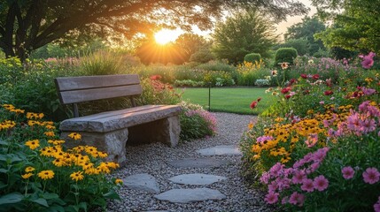 Serene garden vista featuring a stone bench nestled among vibrant flowers, lush greenery, and a gravel path, bathed in the warm glow of the setting sun, creating a peaceful and inviting atmosphere.