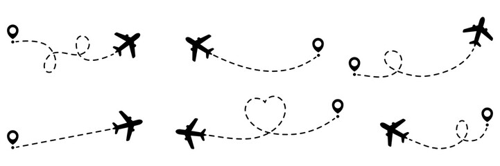 Airplanes routes with dotted line collection. Flying planes path with start point. Travel concept. Vector illustration isolated on white.